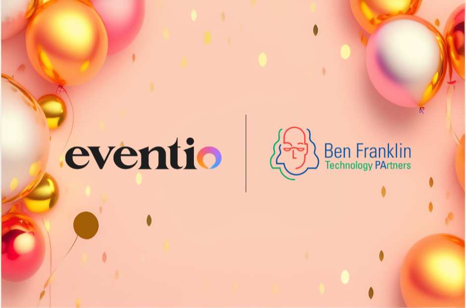 Eventio logo and Ben Franklin Technology Partners logo announcing AI event planning investment