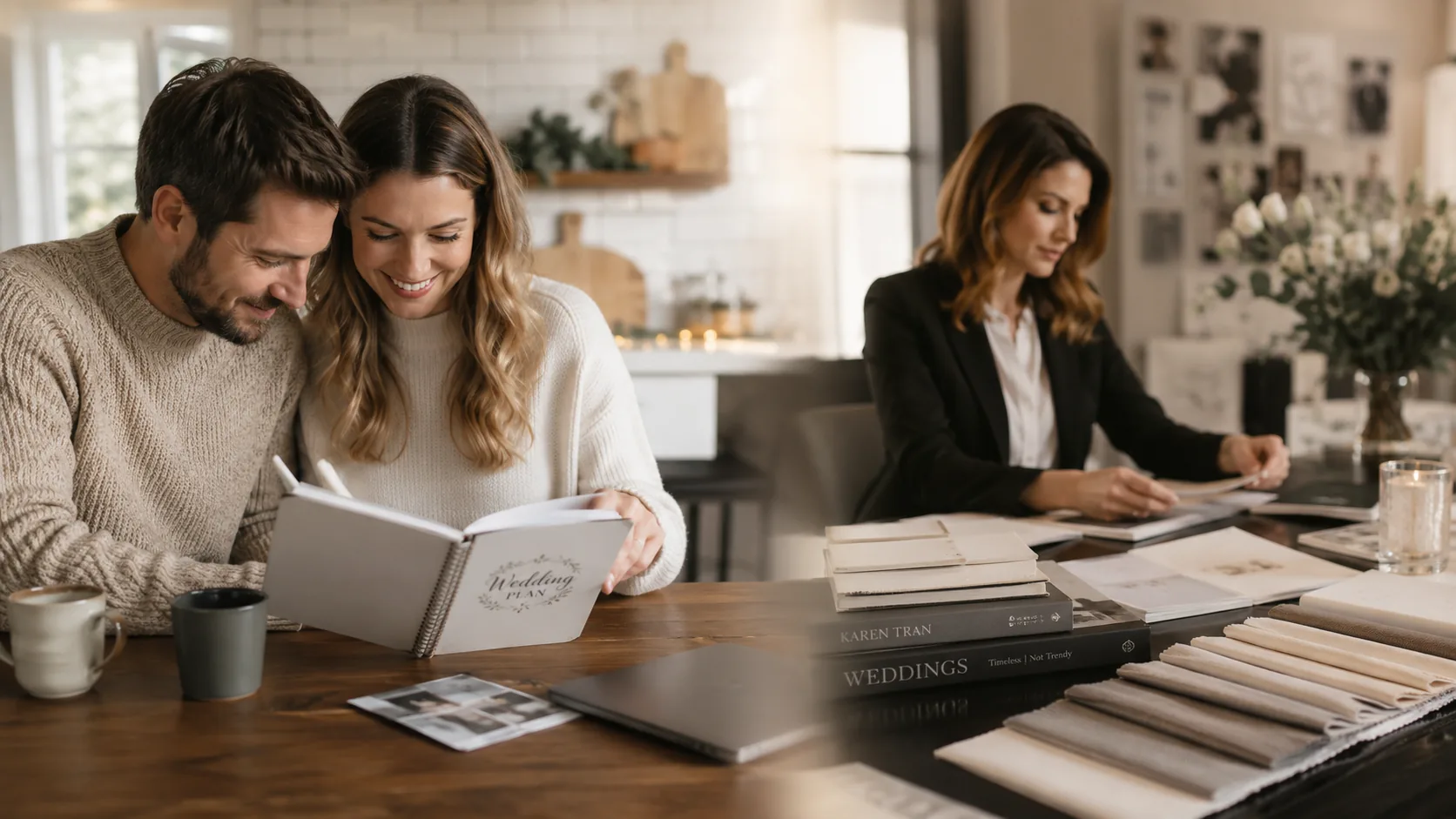 Couple weighing event planning options at a kitchen table — deciding between hiring a professional planner and DIY event planning