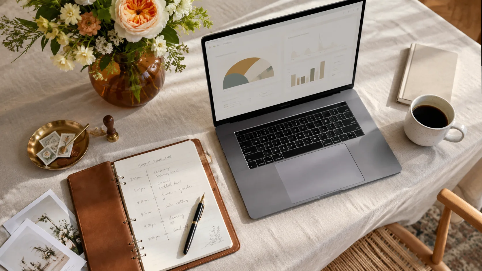 Event planner at a workstation reviewing client and vendor software options — comparing HoneyBook alternatives for event planning businesses