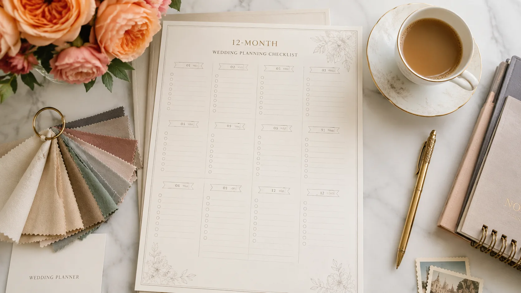 Couple reviewing a month-by-month wedding planning checklist together — DIY wedding planning timeline and milestone guide